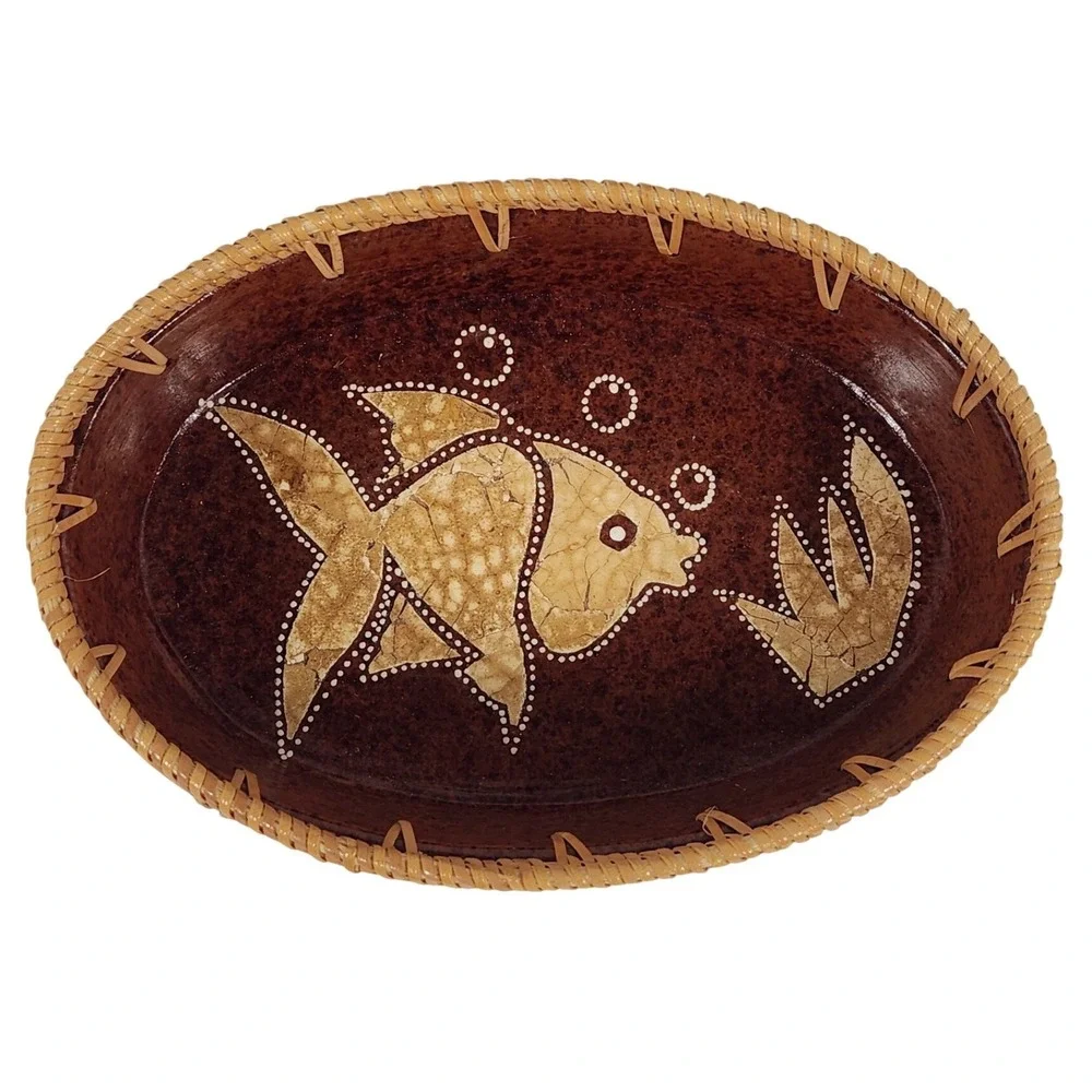 VTG Terracotta‎ Fish Bowl with Woven Rattan Trim Boho Decor Handmade 5.5